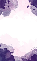 Invitations with a translucent watercolor frame in purple and pink tones, watercolor spots, splashes. Copy space, vertical banner.