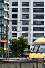 Fototapeta na wymiar The train pulls onto Milsons Point Railway Station near The Sydney Harbour Bridge