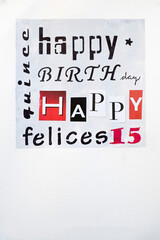 15th birthday greeting card, happy birthday, 15th anniversary, 15th anniversary, Collage illustration, vertical