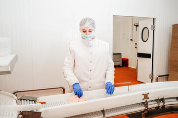 Meat processing plant.People working at a chicken factory - stock photo.Automated production line in modern food factory.