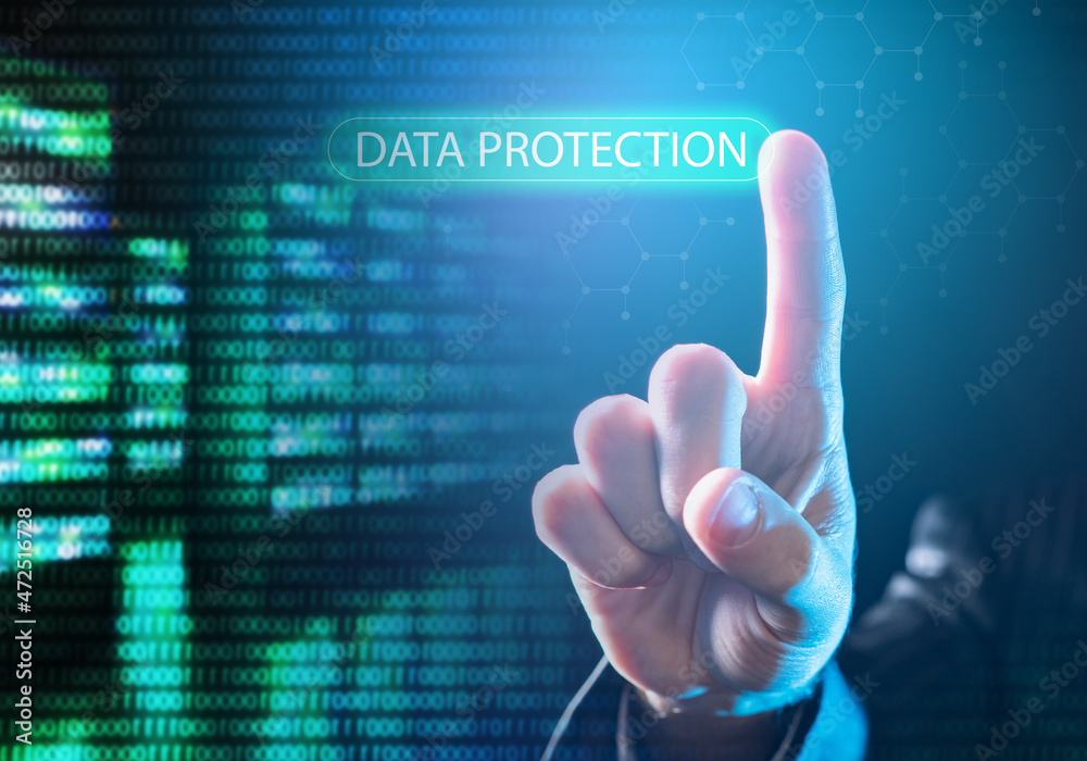 Poster data protection logo on virtual screen. secure data storage technologies. man's hand reaches for ins