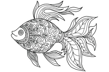 abstract fish with folk style flowers and leaves drawn on a white background for coloring, vector