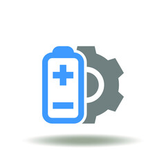 Vector illustration of battery with plus and minus and gear. Icon of batteries production. Li-ion or li-pol cell manufacturing sign. Symbol of accumulator modern technology.