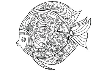 fish with abstract flowers and ornaments in folk style drawn on a white background for coloring, vector