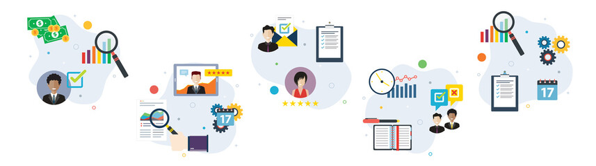 Evaluation, finance, feedback, report, rating and business icons.