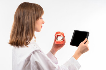 Dentist woman with tablet in her hands. dentist woman on white background. Human jaw is in her hand as symbol of orthodontics. She's using some kind of dentist app. Medical supplement.