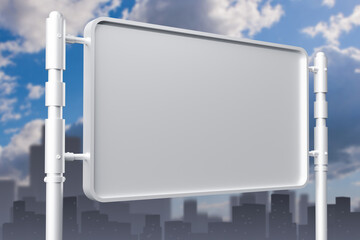 Obraz premium Metal stand for your advertising. Mock up for ads. Empty advertising stand. Support with empty space for banner. Silver rack on blue sky background. Signpost design next to buildings. 3d image.