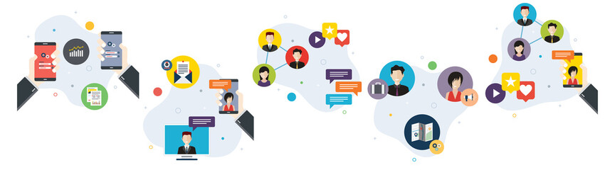 Network, wireless, communication, social media and connection icons. Concepts of wireless network, virtual communication, social network, connection digital. Flat design icons in vector illustration.