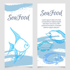 Seafood restaurant menu template, hand drawn fish vector illustration mockup