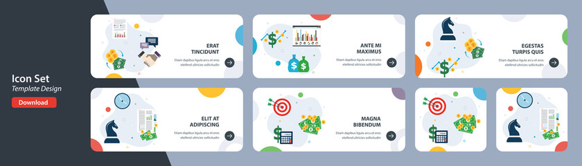 Web banners template in vector with icons of business finance, investment and strategy, financial chart, growth and profits.