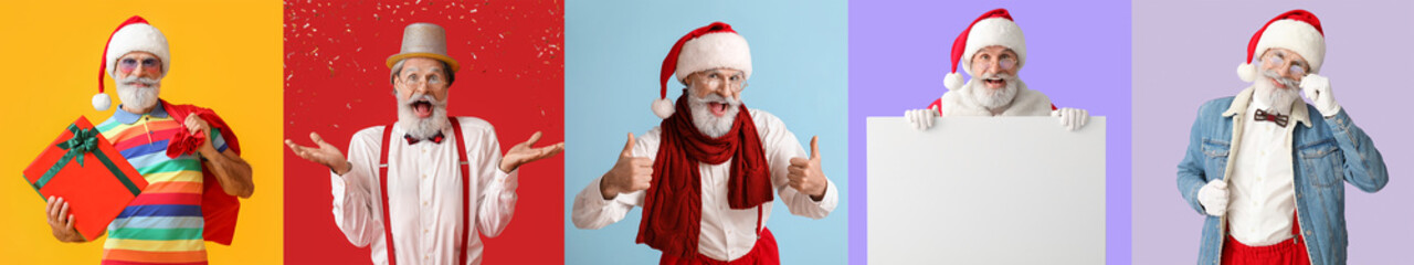 Fototapeta na wymiar Set of cool Santa Claus on color background