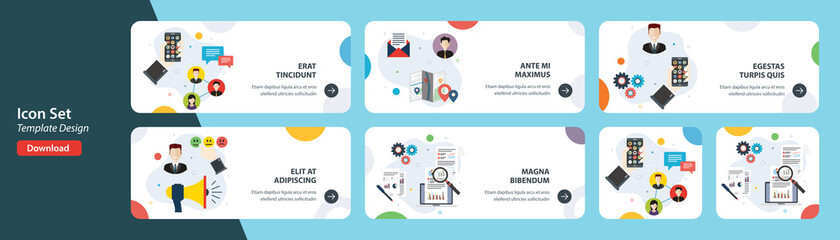 Web banners template in vector with icons of social marketing, relationship marketing, proximity marketing and communication metrics. Flat design icons in vector illustration.