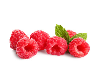 Tasty ripe raspberries on white background