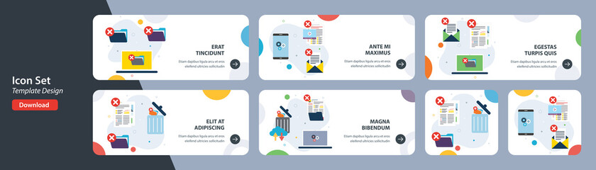Web banners template in vector with icons of delete folder, trash digital, destroy data and cloud computing trash. Flat design icons in vector illustration.