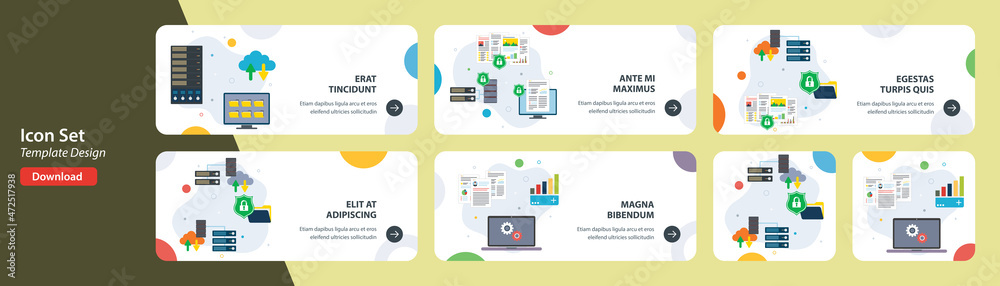 Poster web banners template in vector with icons of mainframe computer, cloud storage security, data protec