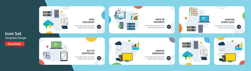 Web banners template in vector with icons of cloud data base, computer code, data hosting and computer technology. Flat design icons in vector illustration.