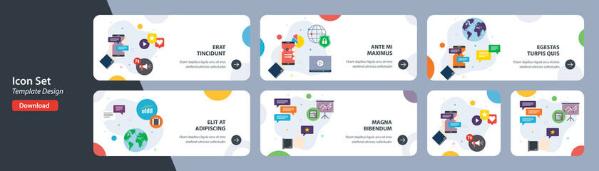 Web banners template in vector with icons of smartphone notification, security mobile, online services, social media services. 