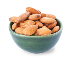 Bowl with almond nuts on white background