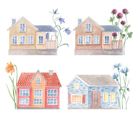 Watercolor cute rural house with flowers. Vintage houses and bright hand-drawn meadow florals. Illustration for postcard, poster, souvenir, kids cards, birthday, background, Greeting card, invitation.