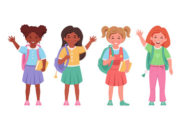 Children of different nationalities with backpacks and books. Kids going to school. Elementary school students. Vector illustration