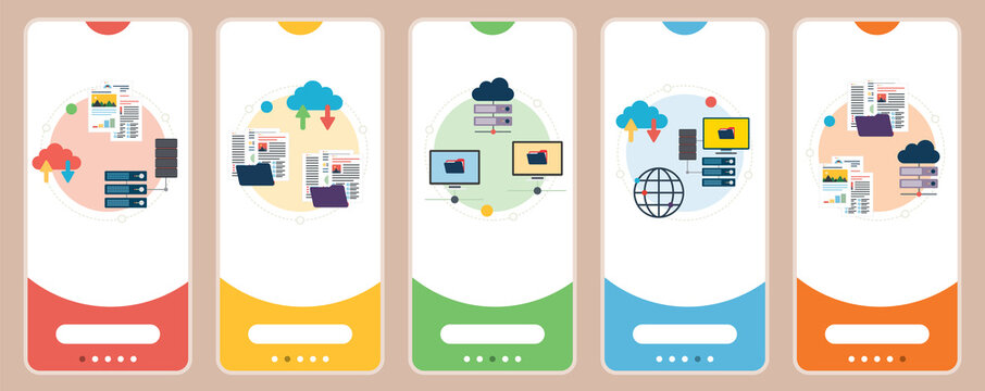 Computer, backup, file transfer, data and cloud computing icons.