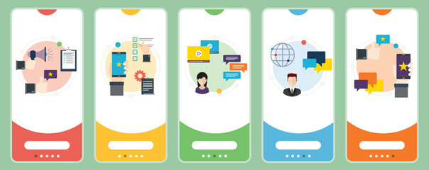 Fototapeta premium Concepts of positive evaluation, app rating, customer testimonials and customer comments. Web banners template with flat design icons in vector illustration.