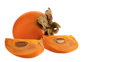 Persimmon, whole fruit and two slice, edible fruit with very sweet flesh, isolated on white background. Mock-up for design.