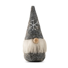 Scandinavian gnome in gray hat with white snowflake, Christmas symbol, isolated on white background.