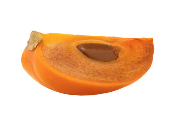 Persimmon, one slice, fruit with very sweet flesh, isolated on white background. Mock-up for design. Close-up.