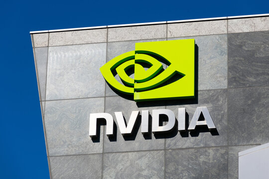 Nvidia logo and sign on headquarters building - Santa Clara, California, USA - 2021