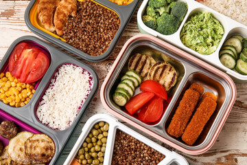 Containers with healthy food on light wooden background, closeup