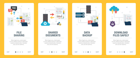 Concepts of file sharing, shared documents, data backup and download files safely. Web banners template with flat design icons in vector illustration.