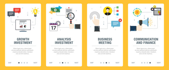 Investment, business, growth, meeting, communication and finance icons. Web banners template with flat design icons in vector illustration.