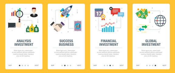 Obraz na płótnie Canvas Investment, business, startup and financial icons. Web banners template with flat design icons in vector illustration.