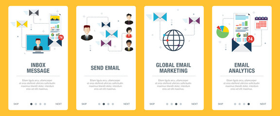 Concepts of inbox message, send email, global email marketing and email analytics. Web banners template with flat design icons in vector illustration.