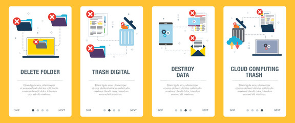 Concepts of delete folder, trash digital, destroy data and cloud computing trash. Web banners template with flat design icons in vector illustration.