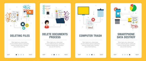 Concepts of deleting files, delete documents, computer trash and smartphone data destroy. Web banners template with flat design icons in vector illustration.