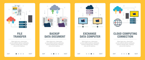 Concepts of file transfer, backup data document, exchange data computer and cloud computing. Web banners template with flat design icons in vector illustration.