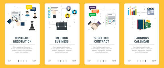 Concepts of contract negotiation, meeting business,  signature contract, earnings calendar. Web banners template with flat design icons in vector illustration.