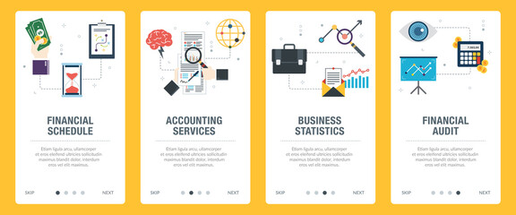 Concepts of financial schedule, accounting services, business statistics, financial audit. Web banners template with flat design icons in vector illustration.