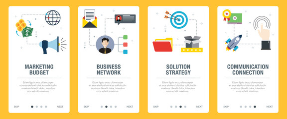 Concepts of marketing budget, business network, solution strategy, communication. Web banners template with flat design icons in vector illustration.