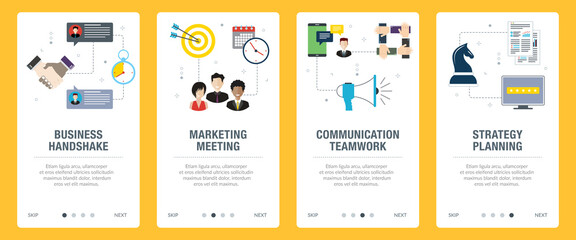 Concepts of business handshake, marketing meeting, communication teamwork and strategy. Web banners template with flat design icons in vector illustration.