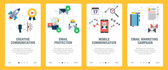 Concepts of communication, email protection, mobile communication, and email marketing. Web banners template with flat design icons in vector illustration.