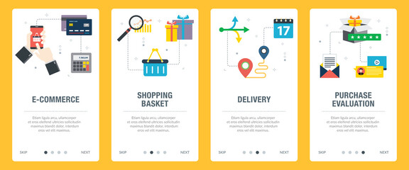 E-commerce, busiConcepts of with e-commerce, shopping basket, delivery and purchase evalualition. Web banners template with flat design icons in vector illustration.