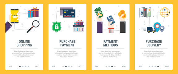 Concepts of online shopping, purchase payment, payment methods, purchase delivery. Web banners template with flat design icons in vector illustration.