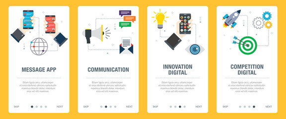  Concepts of message app, communication, innovation digital, competition digital. Web banners template with flat design icons in vector illustration.