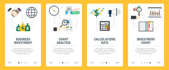 Business, investment, analysis, calculations and rate icons. Concepts of business investment, chart analysis, calculations rate and investment chart.