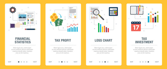 Financial, tax, investment, statistic and profit icons. Concepts of financial statistics, tax profit, loss chart and tax investment. Web banners template with flat design icons in vector illustration.