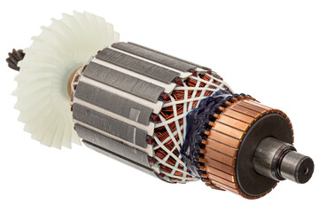 Rotor or of anchor electric motor closeup, isolated on white background