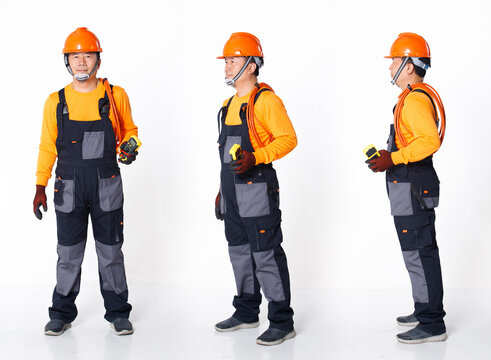 Senior Asian Man wear Orange uniform shirt hat and glove as electric fix repair guy with cable